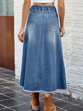 Load image into Gallery viewer, Raw Hem Buttoned Denim Skirt with Pockets
