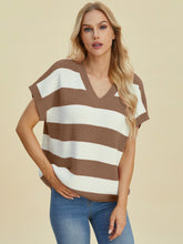 Load image into Gallery viewer, Double Take Full Size Striped V-Neck Short Sleeve Sweater