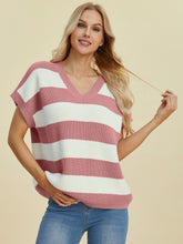 Load image into Gallery viewer, Double Take Full Size Striped V-Neck Short Sleeve Sweater