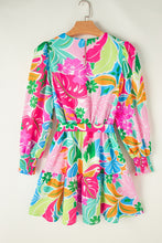 Load image into Gallery viewer, Printed Tie Waist Lantern Sleeve Mini Dress