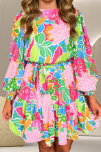 Load image into Gallery viewer, Printed Tie Waist Lantern Sleeve Mini Dress

