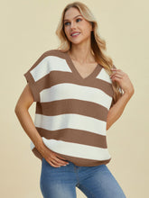 Load image into Gallery viewer, Double Take Full Size Striped V-Neck Short Sleeve Sweater
