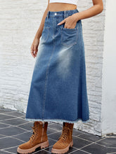 Load image into Gallery viewer, Raw Hem Buttoned Denim Skirt with Pockets
