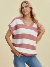 Load image into Gallery viewer, Double Take Full Size Striped V-Neck Short Sleeve Sweater
