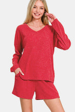 Load image into Gallery viewer, Zenana V-Neck Long Sleeve Ribbed Top and Shorts Set
