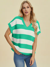 Load image into Gallery viewer, Double Take Full Size Striped V-Neck Short Sleeve Sweater
