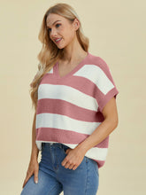Load image into Gallery viewer, Double Take Full Size Striped V-Neck Short Sleeve Sweater
