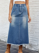 Load image into Gallery viewer, Raw Hem Buttoned Denim Skirt with Pockets
