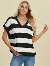 Load image into Gallery viewer, Double Take Full Size Striped V-Neck Short Sleeve Sweater
