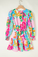 Load image into Gallery viewer, Printed Tie Waist Lantern Sleeve Mini Dress
