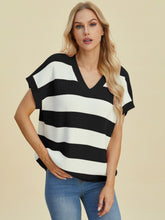Load image into Gallery viewer, Double Take Full Size Striped V-Neck Short Sleeve Sweater
